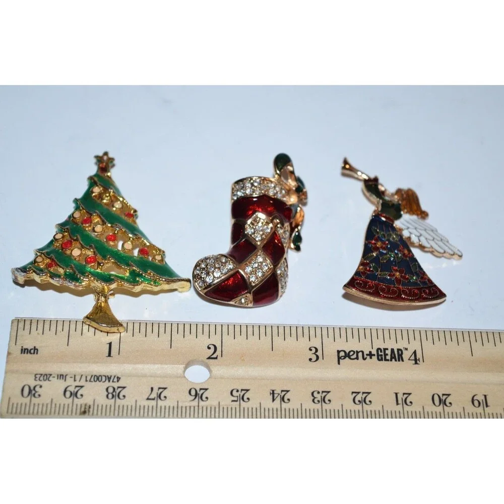 Vtg Stauer Christmas‎ Brooch Angel & stocking Pin lot + Christmas Tree